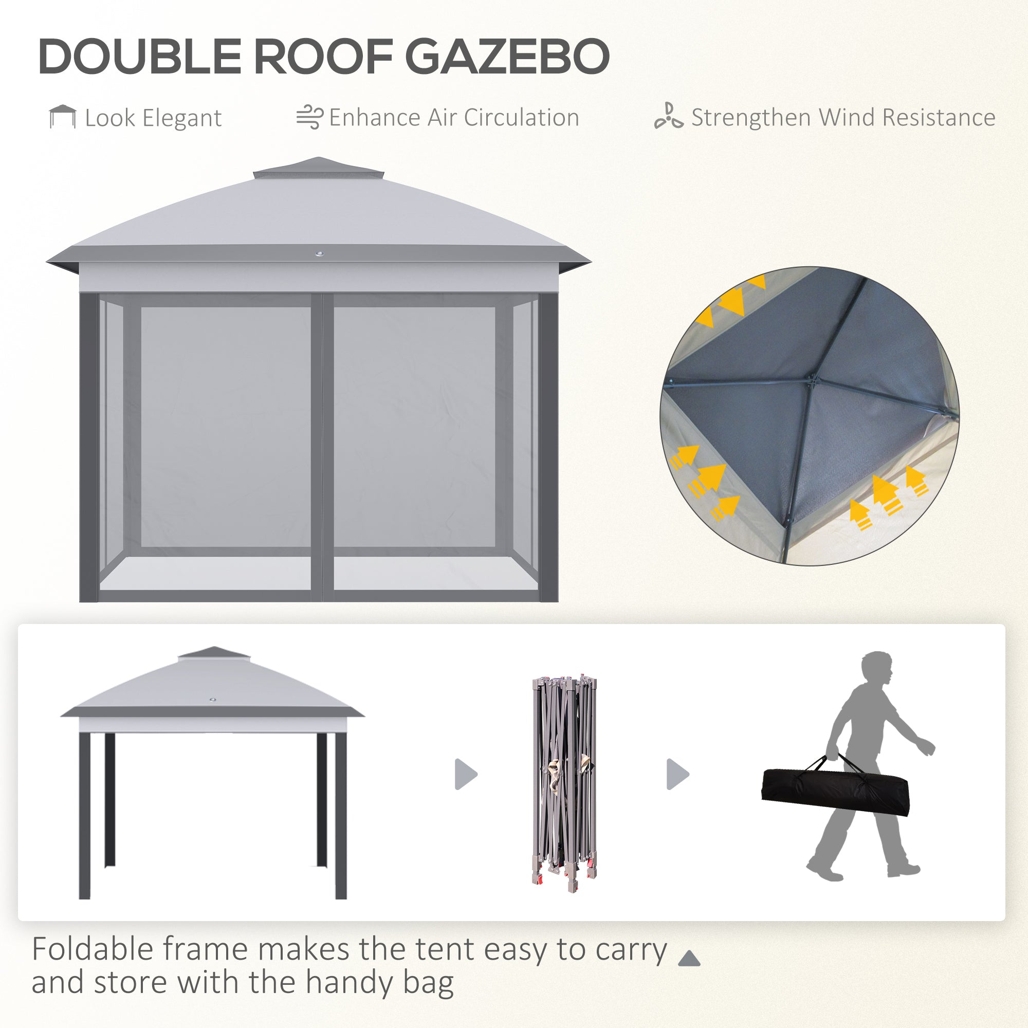 Outsunny Pop Up Gazebo 11x11 with Double Roof, Zippered Mesh Sidewalls, Adjustable Height & Carry Bag - Perfect for Outdoor Events