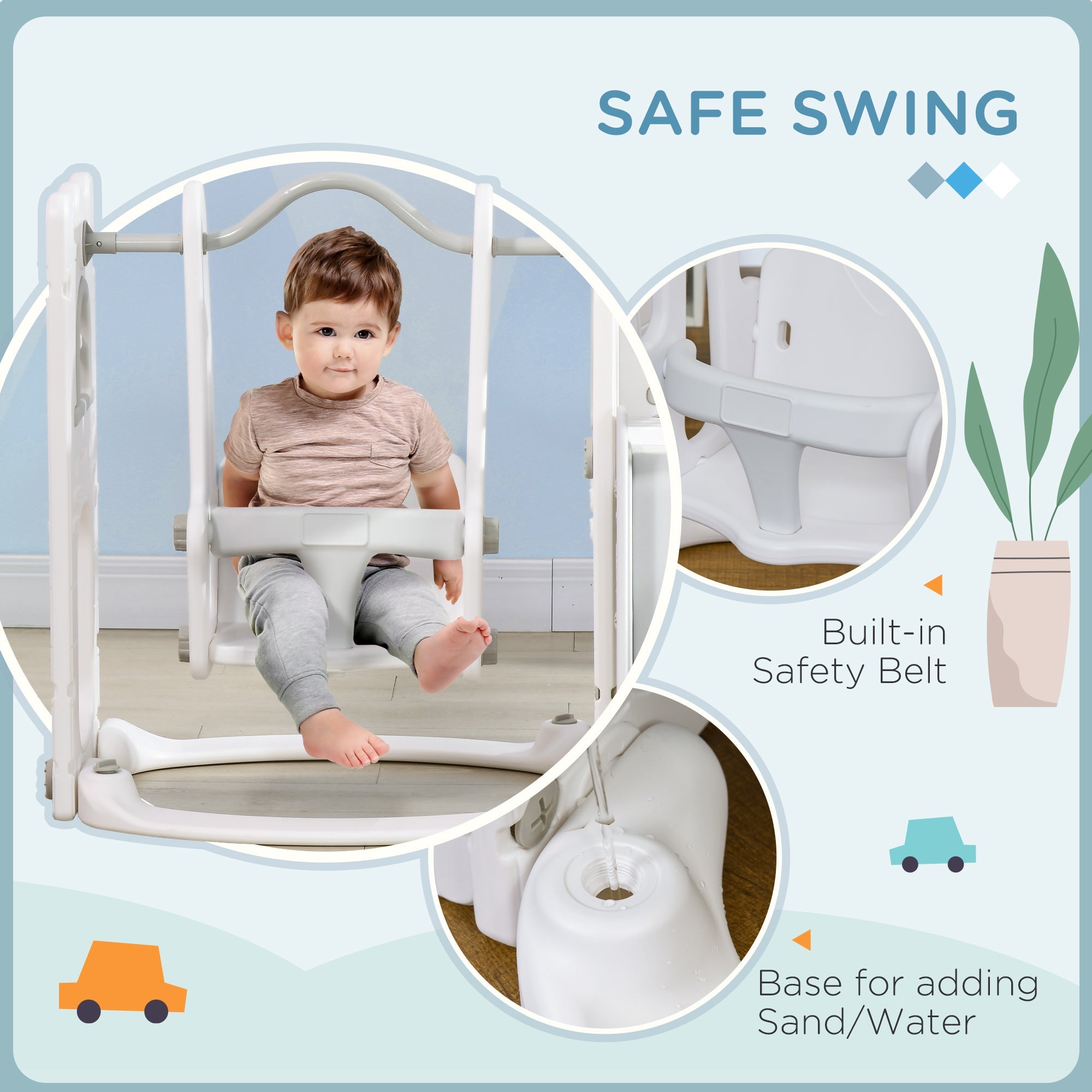 Qaba 6-in-1 Slide and Swing Set Baby Swing Playset Indoor with Basketball Hoop, Climber, Storage Space, Telescope, Grey