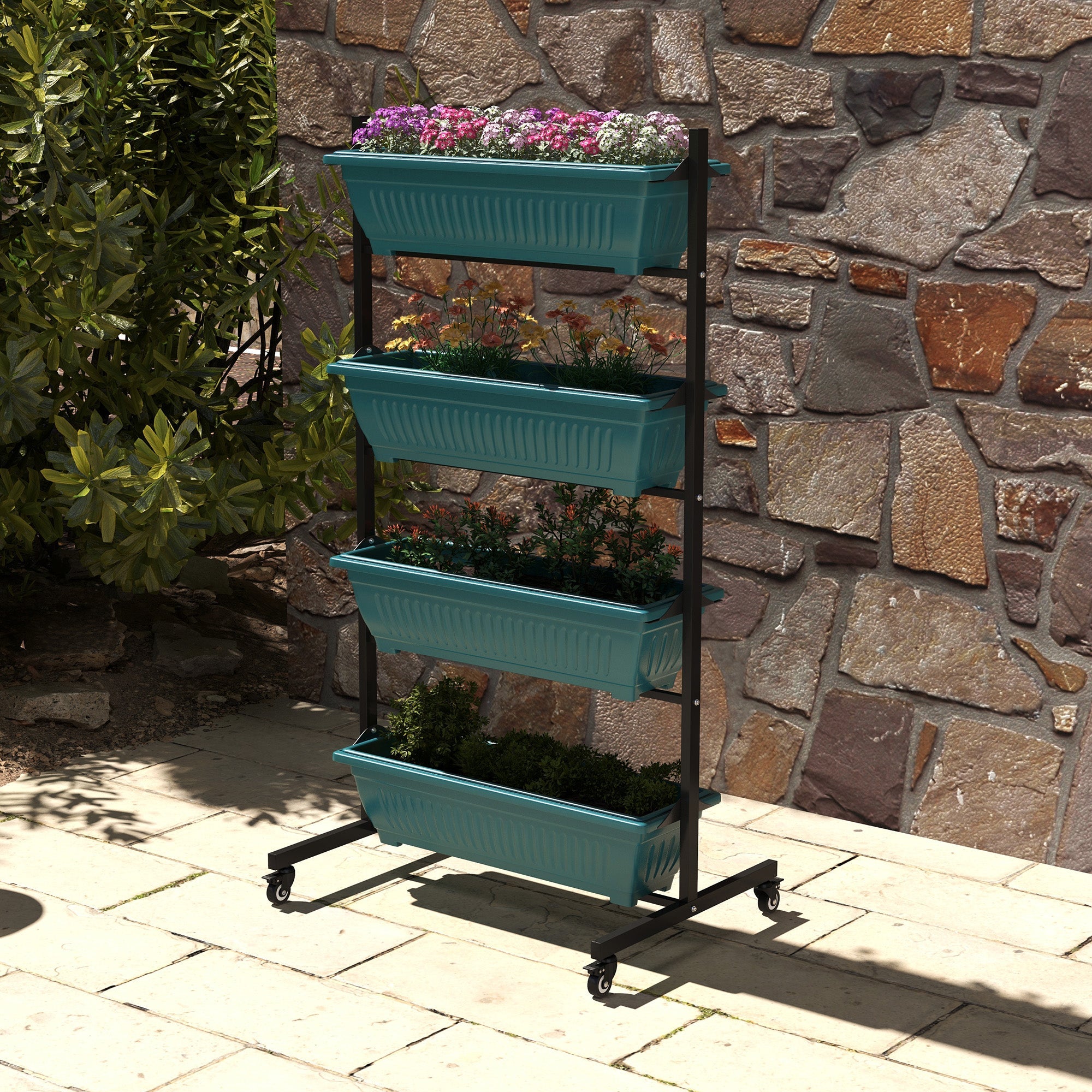 Outsunny Mobile 4-Tier Vertical Garden Planter with Wheels 4 Planting Boxes for Vegetables Flowers Green Outdoor Stand