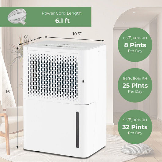 2000 Sq. Ft 32 Pint Dehumidifier with Continuous/Drying/Auto Mode-White - Free Shipping