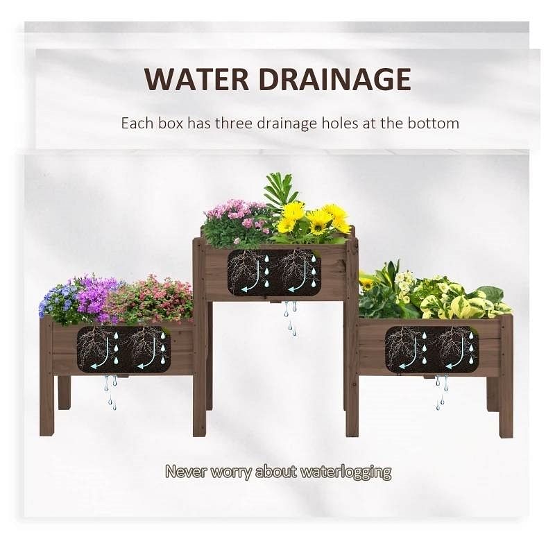 Brown 3 Wooden Elevated Planter Raised Garden Beds - Free Shipping