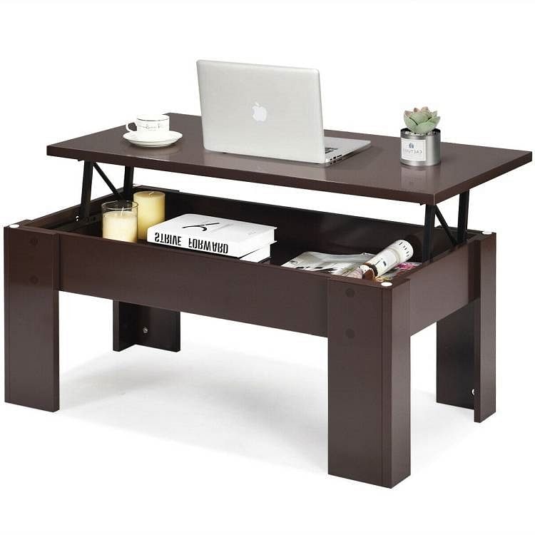 Farmhouse Lift-Top Coffee Table Laptop Desk in Espresso Brown Wood Finish - Free Shipping
