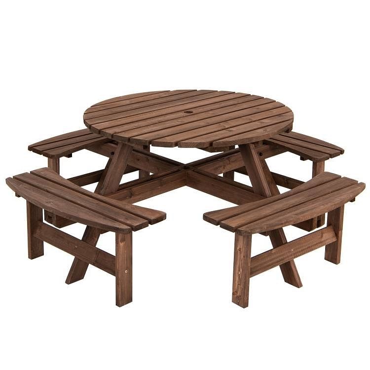 Espresso Wooden 8 Seater Picnic Table Umbrella Hole - Free Shipping