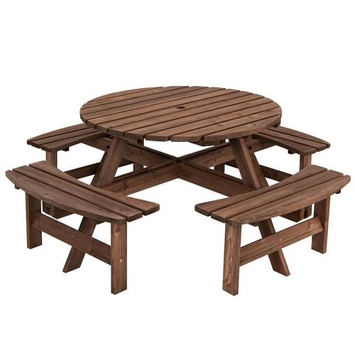Espresso Wooden 8 Seater Picnic Table Umbrella Hole - Free Shipping