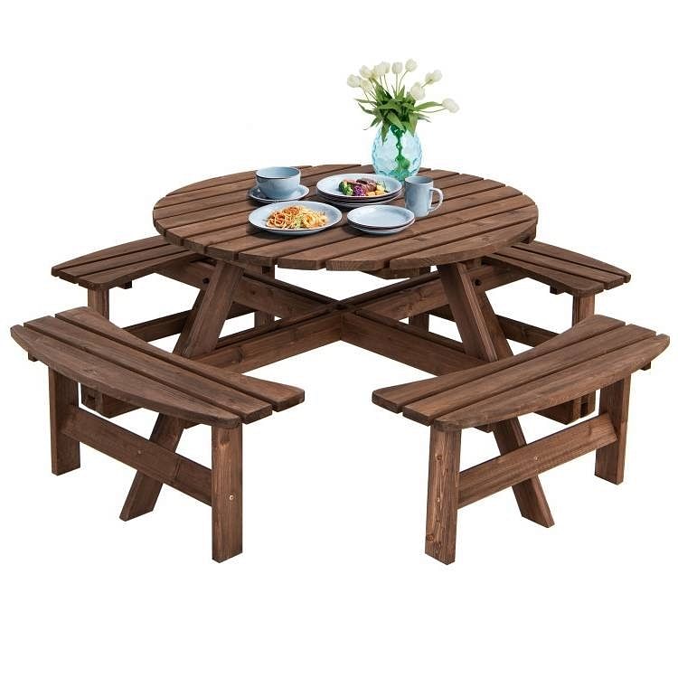 Espresso Wooden 8 Seater Picnic Table Umbrella Hole - Free Shipping