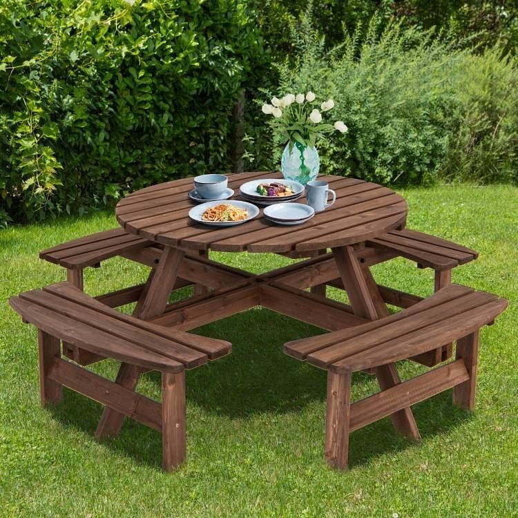 8-Set Outdoor Solid Wood Round Picnic Table with 4 Benches Patio Garden Dining Set - Free Shipping