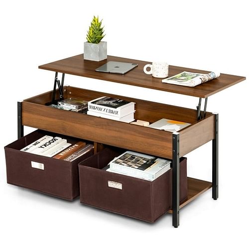 FarmHouse Brown Lift-Top Multi Purpose Coffee Table with 2 Storage Drawers Bins - Free Shipping