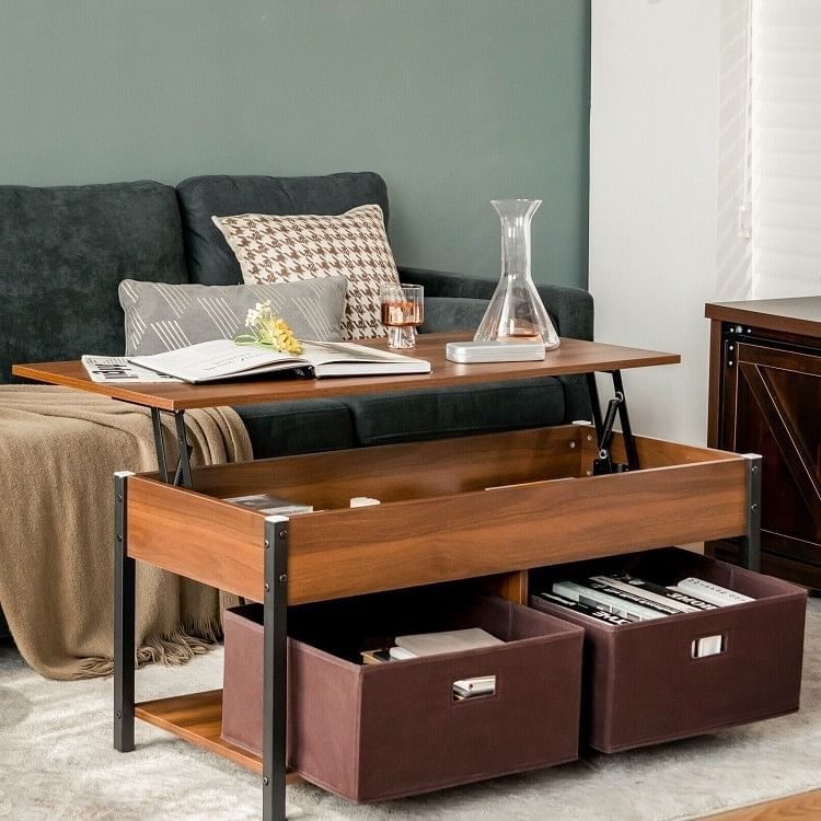 FarmHouse Brown Lift-Top Multi Purpose Coffee Table with 2 Storage Drawers Bins - Free Shipping