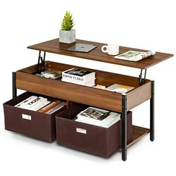 FarmHouse Brown Lift-Top Multi Purpose Coffee Table with 2 Storage Drawers Bins - Free Shipping