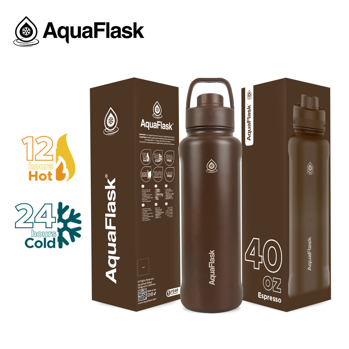 AquaFlask 1080ml (40oz) Double Wall Insulated Stainless Steel Water Bottle – Hot & Cold, Leakproof, BPA-Free