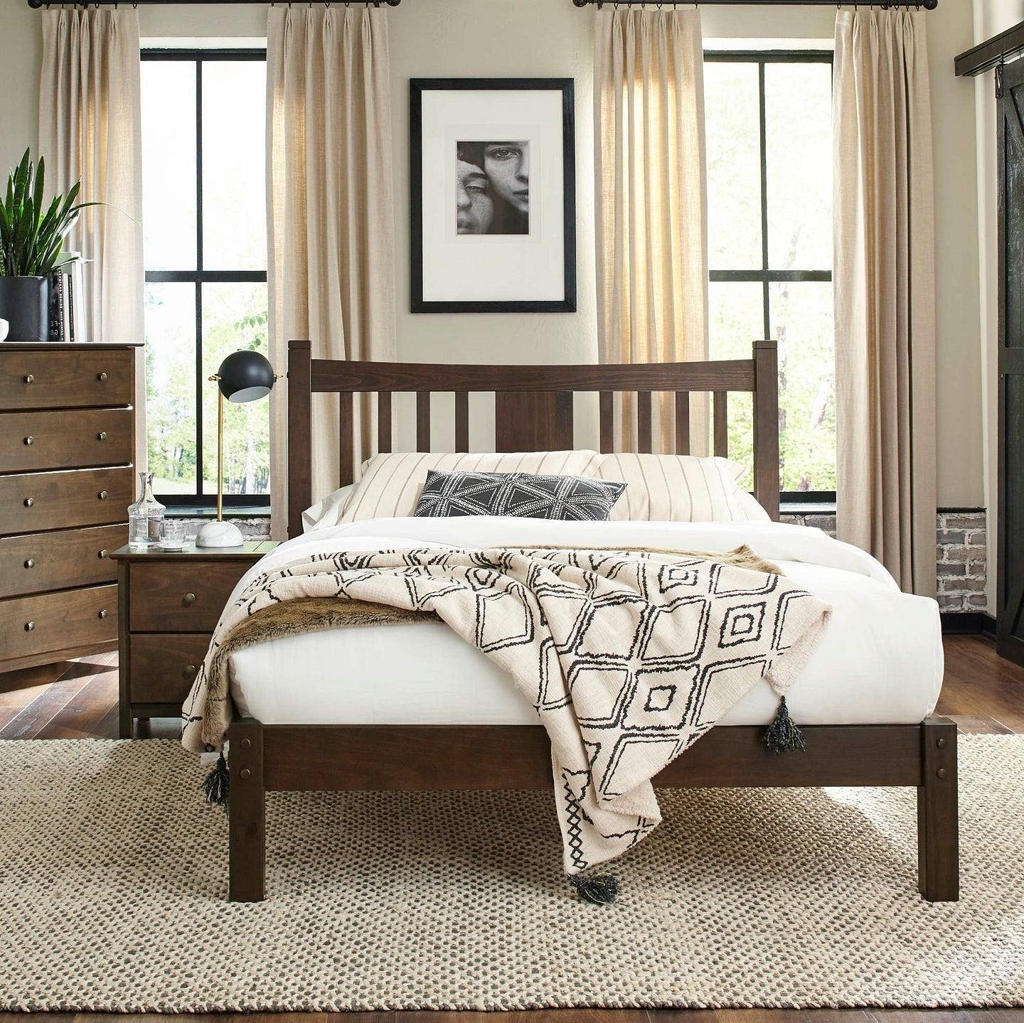 Queen Size Farmhouse Style Solid Wood Platform Bed with Headboard in Espresso - Free Shipping