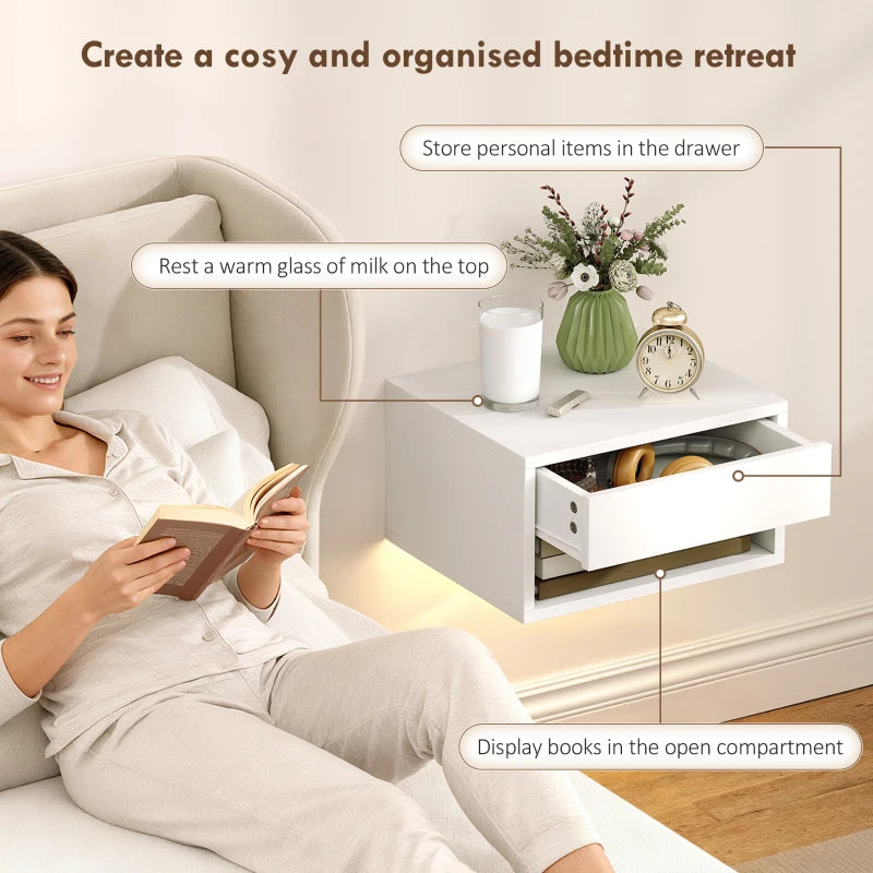 Floating Bedside Table Set of 2 with RGB LED Lights, App-Controlled Wall Mounted Nightstands with Drawer & Open Shelf, White