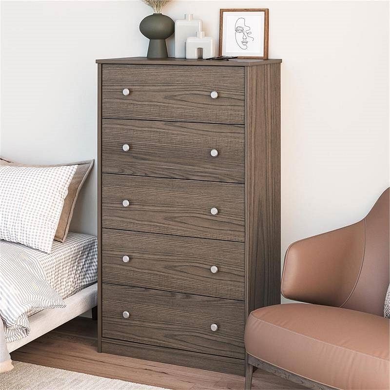 Modern 5-Drawer Bedroom Chest in Rustic Grey Brown Wood Finish - Free Shipping