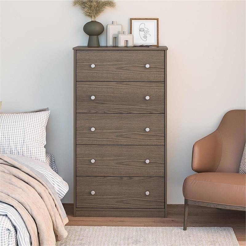 Modern 5-Drawer Bedroom Chest in Rustic Grey Brown Wood Finish - Free Shipping