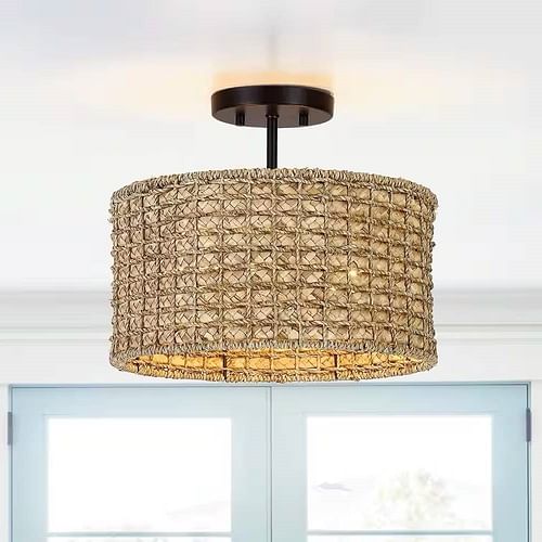 Bohemian 13.6-inch Round Rattan Drum 2-Light Ceiling Light - Semi-Flush Mount - Free Shipping