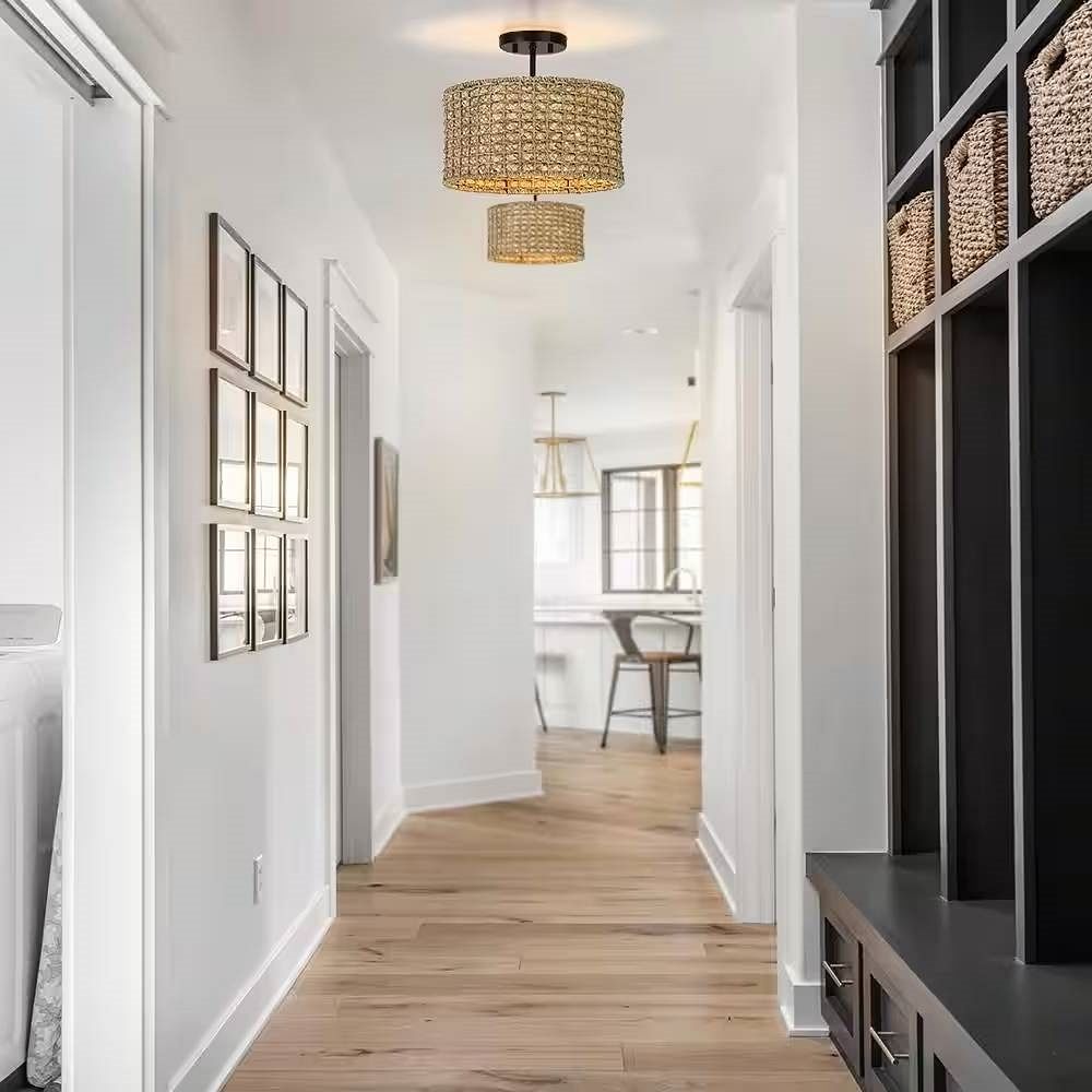 Bohemian 13.6-inch Round Rattan Drum 2-Light Ceiling Light - Semi-Flush Mount - Free Shipping