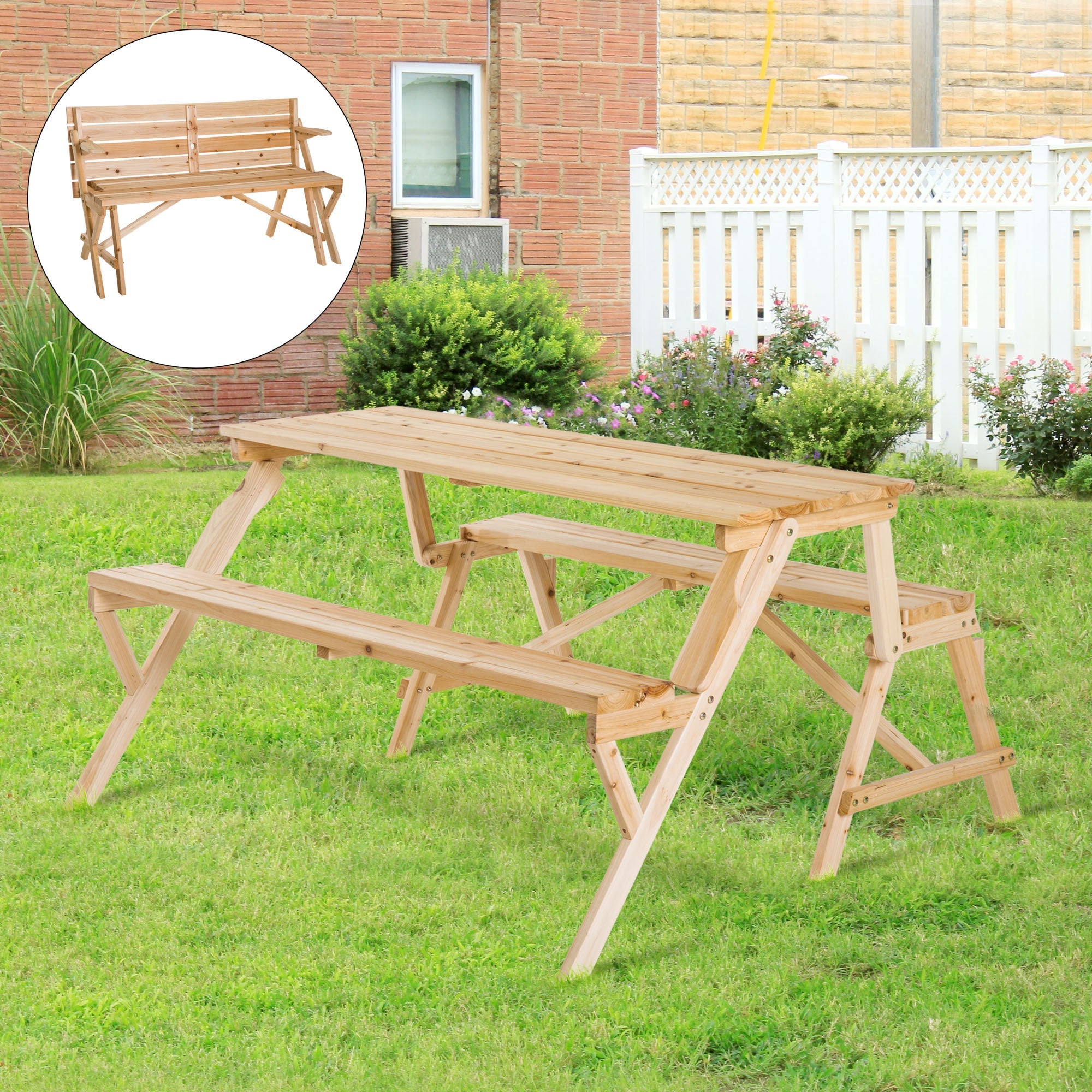 Outsunny Wood Picnic Table Convertible Patio Garden Bench 2 in 1 Outdoor Leisure Nature