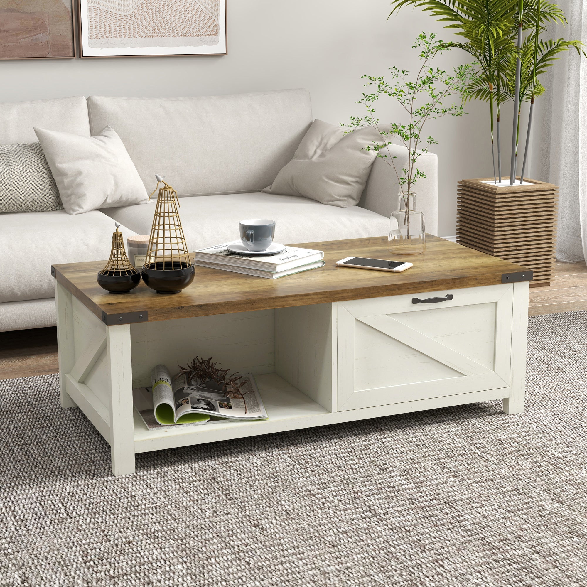 HOMCOM Rustic Farmhouse Coffee Table, Charming Living Room Centerpiece with Drawer & Storage Shelf, Cozy White