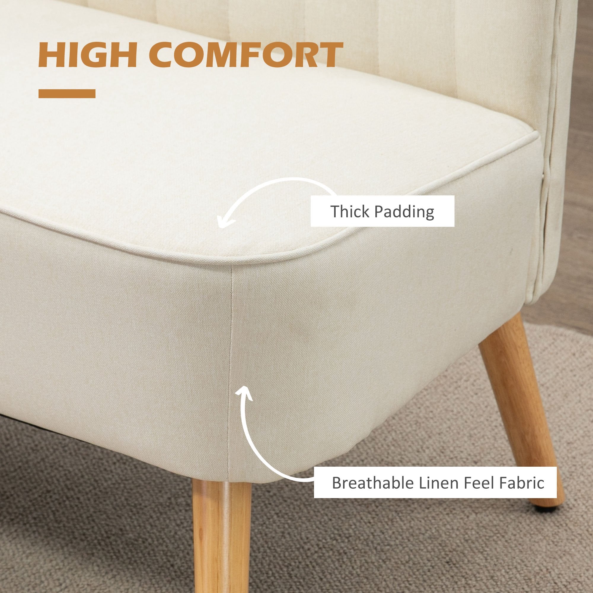 HOMCOM Modern 2 Seat Sofa for Bedroom, Upholstered Two Seater Couch with Rubber Wood Legs, Cream White