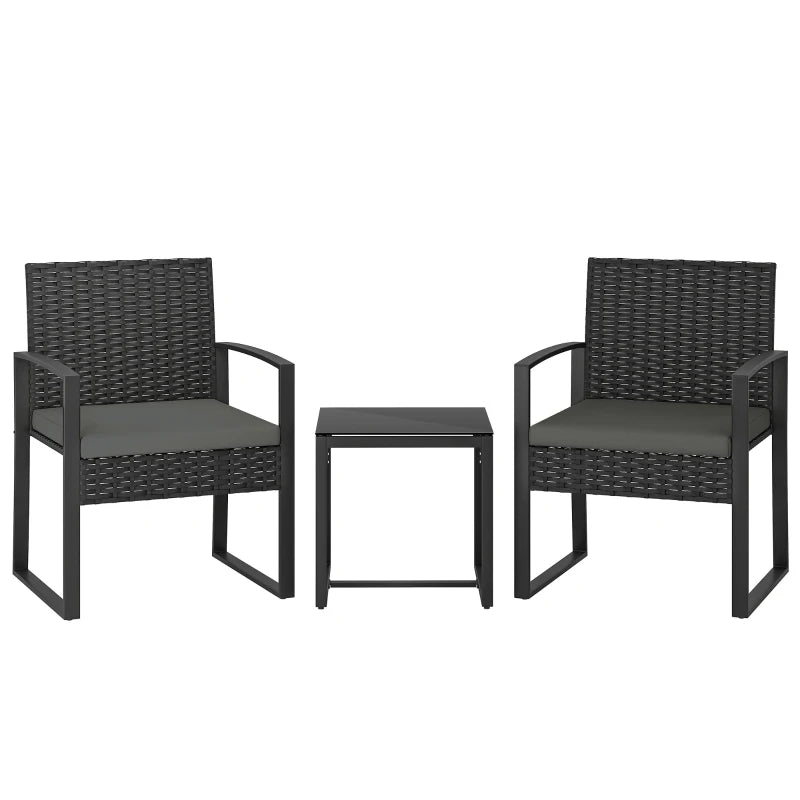Outdoor Bistro Set, 3 Piece Wicker Patio Furniture Set with Glass Top Table and Cushions for Porch, Balcony, Dark Grey