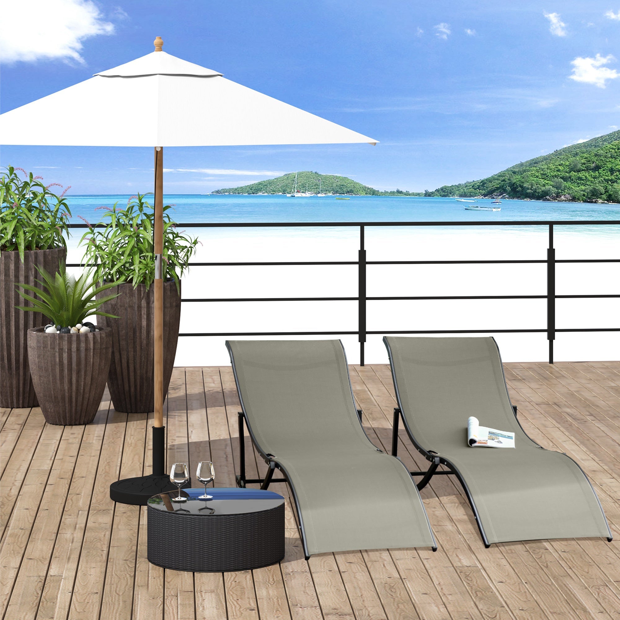 Outsunny Set of 2 S-shaped Foldable Lounge Chair Reclining Outdoor Chair for Patio Beach Garden With 264lbs Weight Capacity, Light Grey