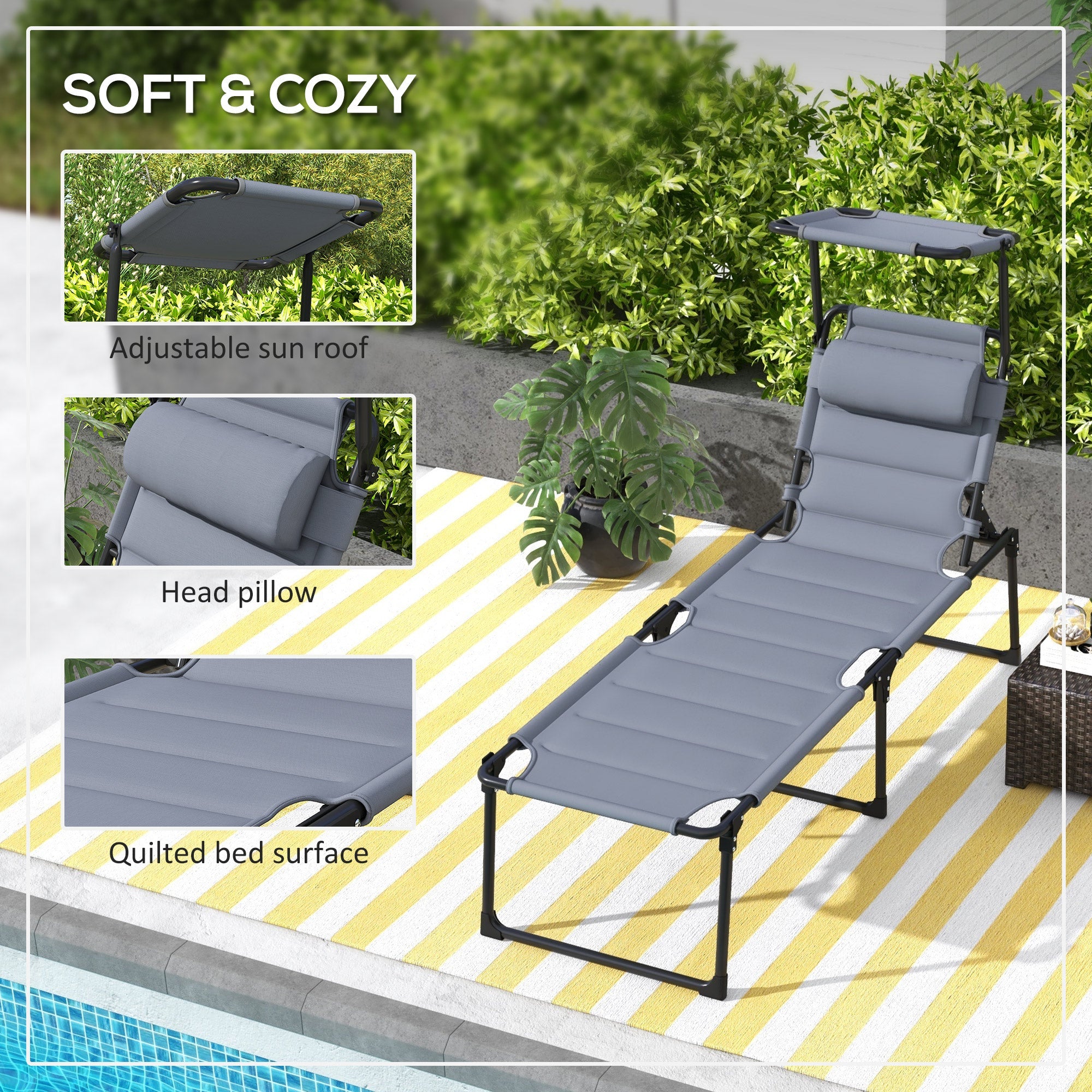 Outsunny Adjustable Folding Chaise Lounge Chair with Sunroof Quick Dry for Beach Patio Grey