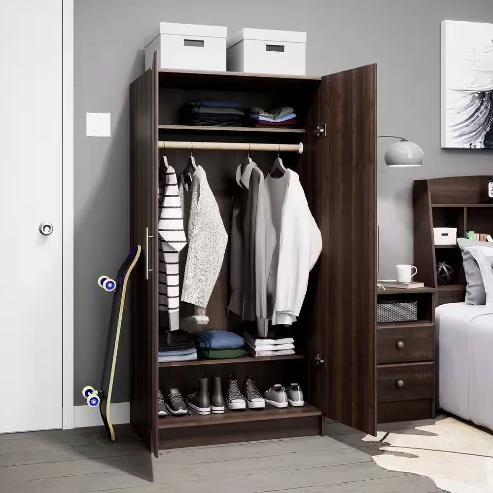 Bedroom Armoire Wardrobe Cabinet Closet with Hanging Rail in Brown Wood Finish - Free Shipping