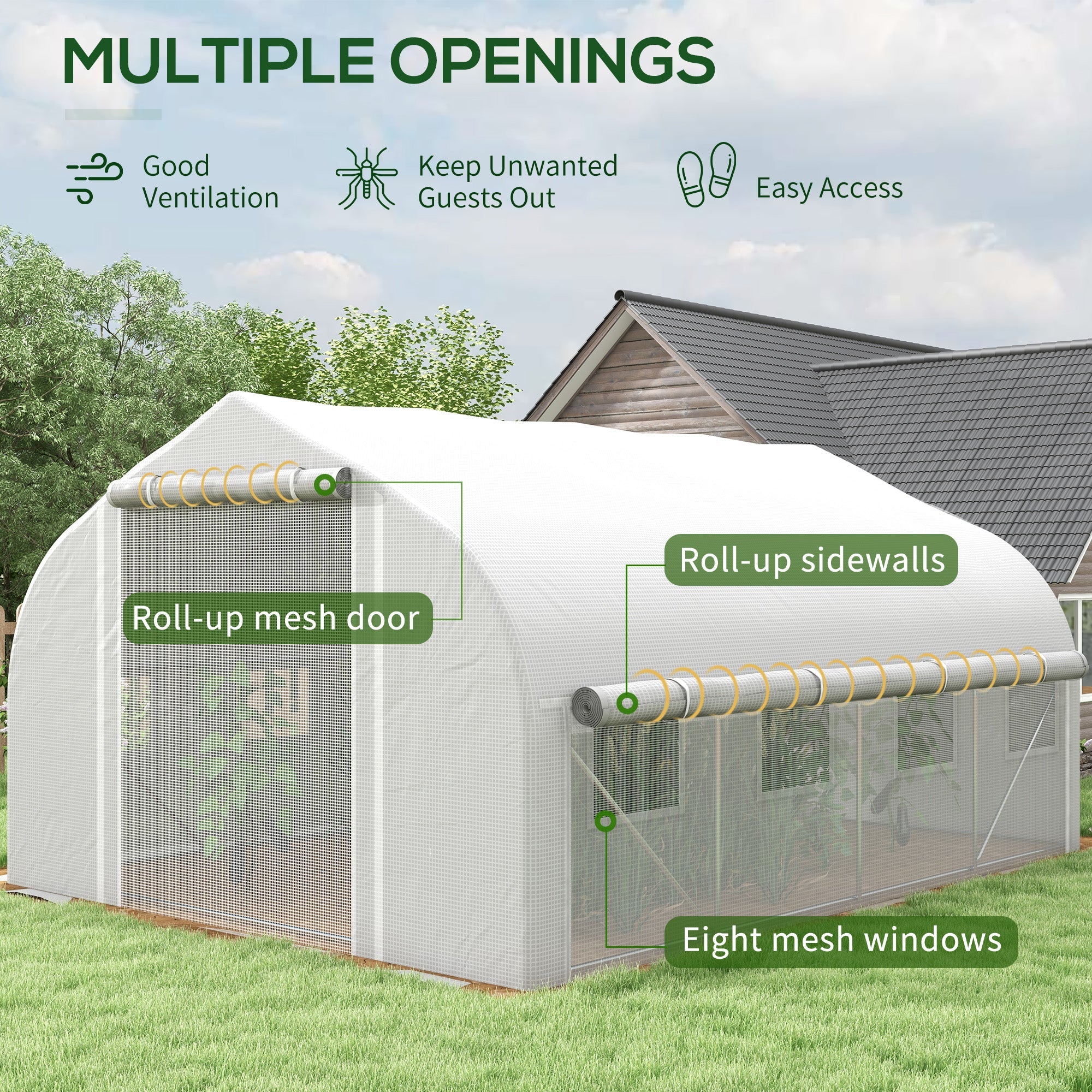 Outsunny 13 x 9.8ft Walk-in Polytunnel Greenhouse, Zipped Roll Up Sidewalls, Mesh Door, 8 Mesh Windows, Tunnel Warm House Tent with PE Cover, Plant Labels and Gloves, White
