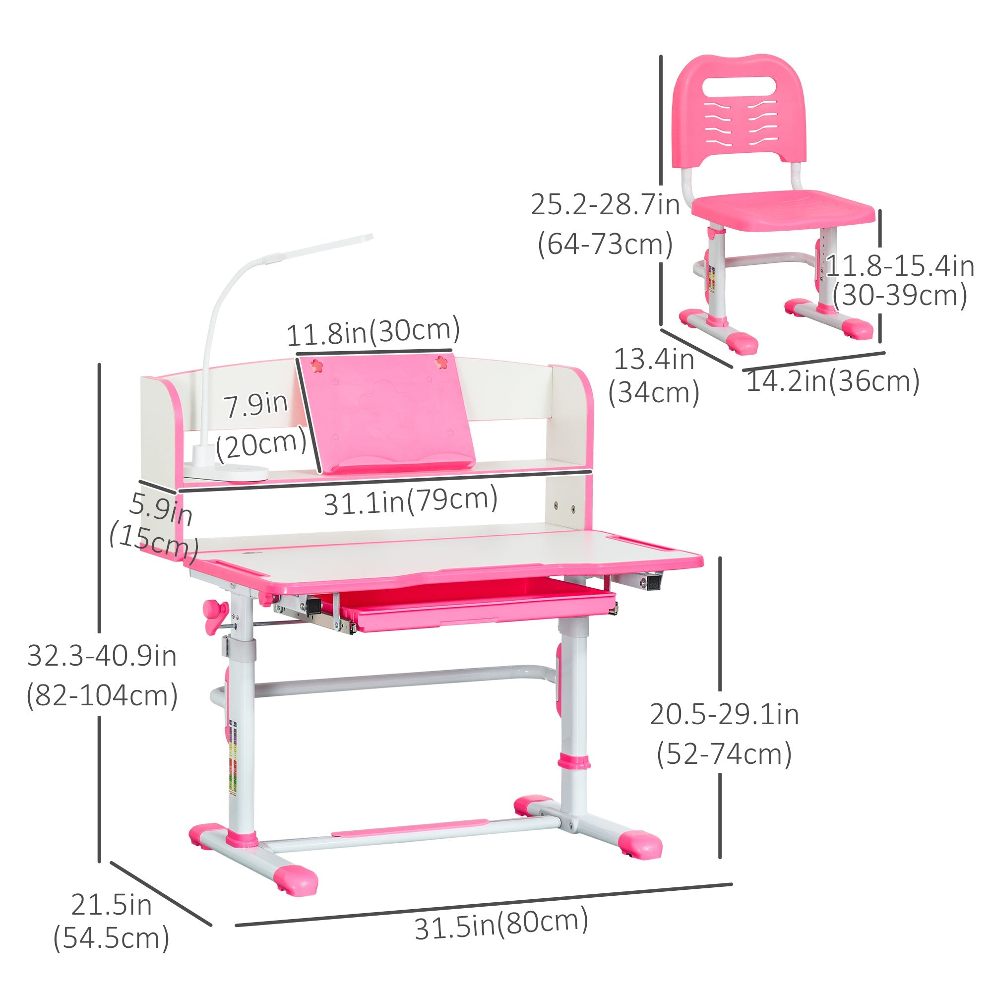 Qaba Kids Adjustable Desk and Chair Set with LED Light Bookshelf Drawer for Student Study Pink