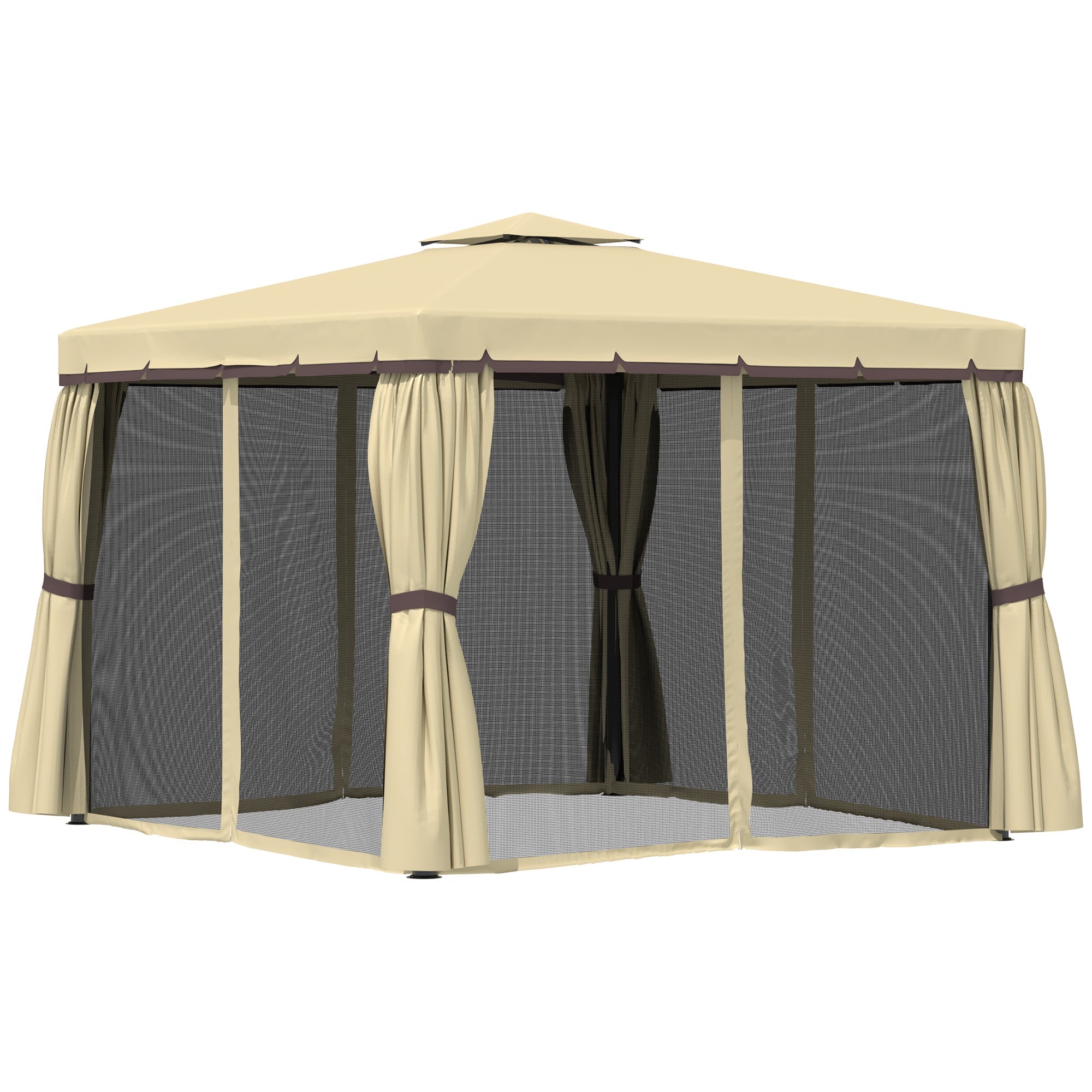 Outsunny 10' x 10' 2-Tier Outdoor Gazebo Canopy Tent with Zippered Mesh Sidewalls, Aluminum Frame for Patio, Backyard, Beige