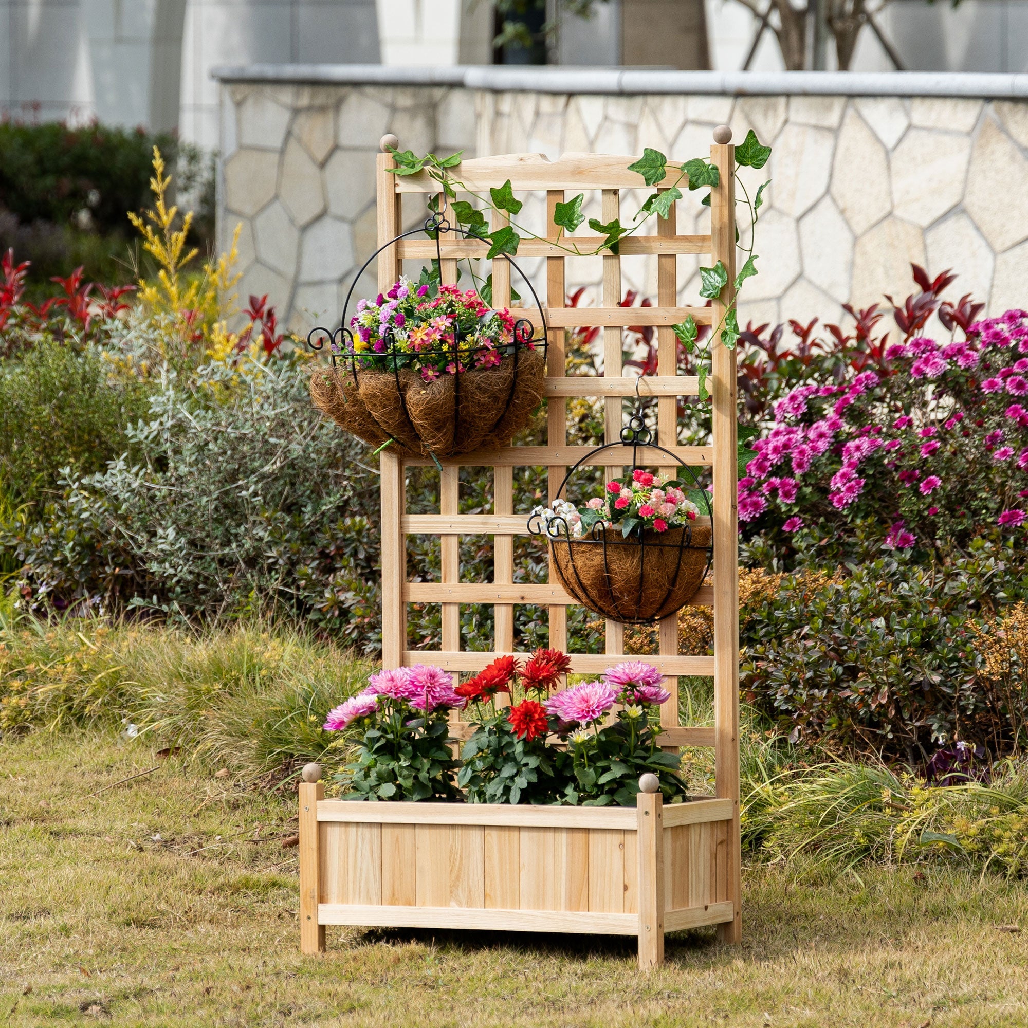 Outsunny 24"x12"x49" Raised Garden Bed: With Trellis, Wooden Design for Veggies & Flowers in Brown