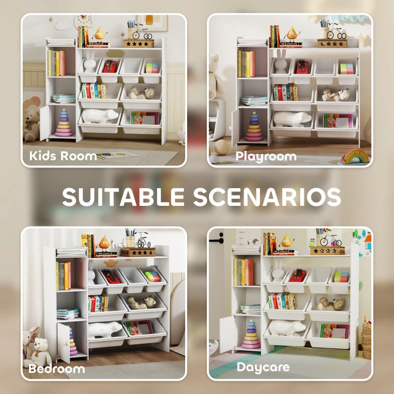 Qaba Kids Bookshelf and Toy Storage Organizer, Children Bookcase with 8 Removable Bins, Cabinet for Playroom, Kids Room, Nursery, White