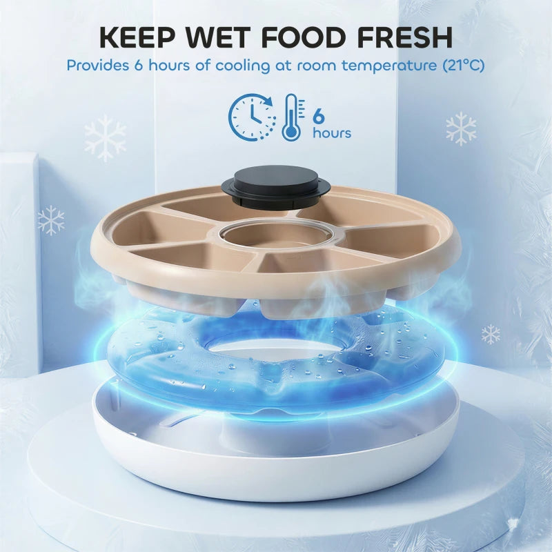 Automatic Cat Feeder for Dry Wet Food Timed Cat Dog Food Dispenser with 6 Trays 1 Ice Pack Battery Powered Light Brown