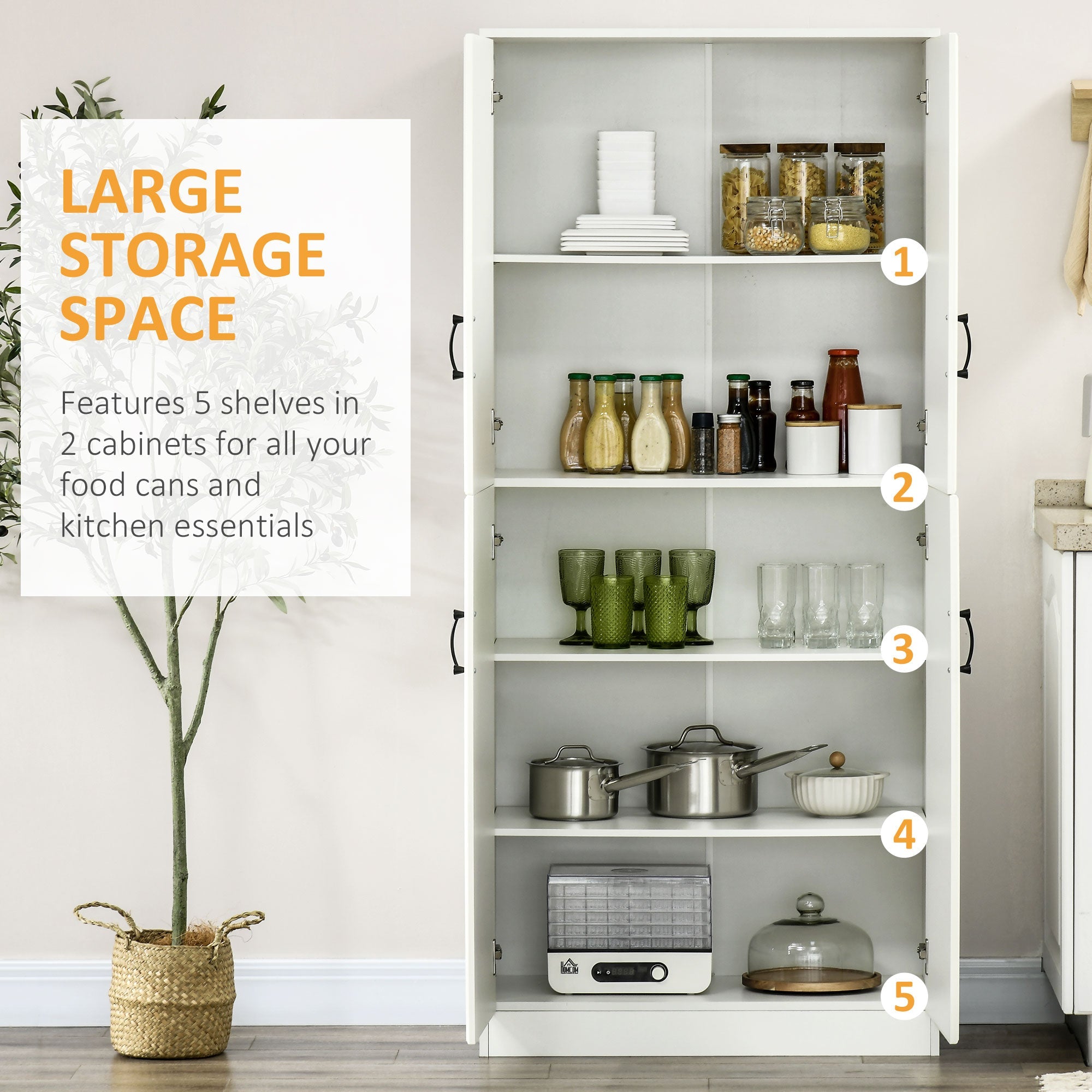 HOMCOM 71" Freestanding Kitchen Pantry Cabinet, Storage Cabinet with 4 Hinged Doors and Adjustable Shelves, White