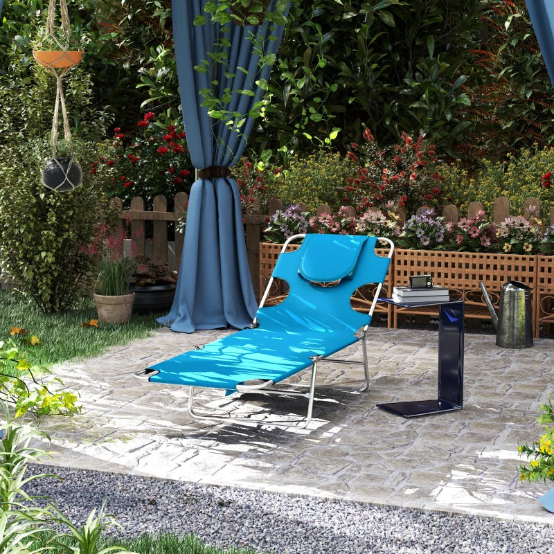 Folding Outdoor Lounge Chair, 5-Level Tanning Chair with Face Hole, Side Pocket, Carry Strap for Beach Pool, Blue