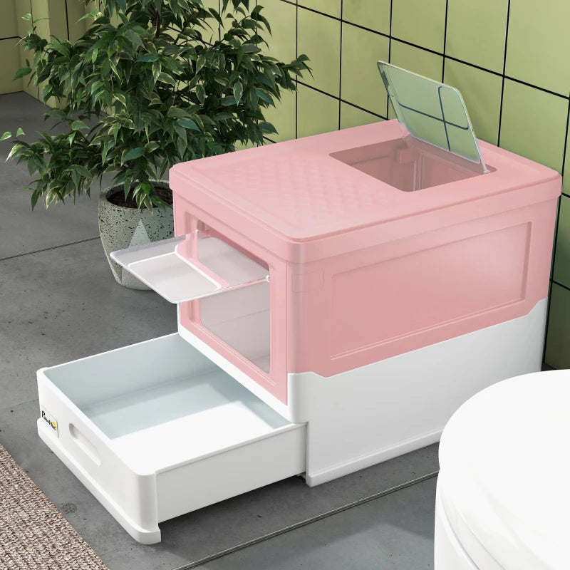 Top Entry Enclosed Kitty Litter Box with Scoop, Tray, Front Entry, Large Space, Foldable, Portable, Pink