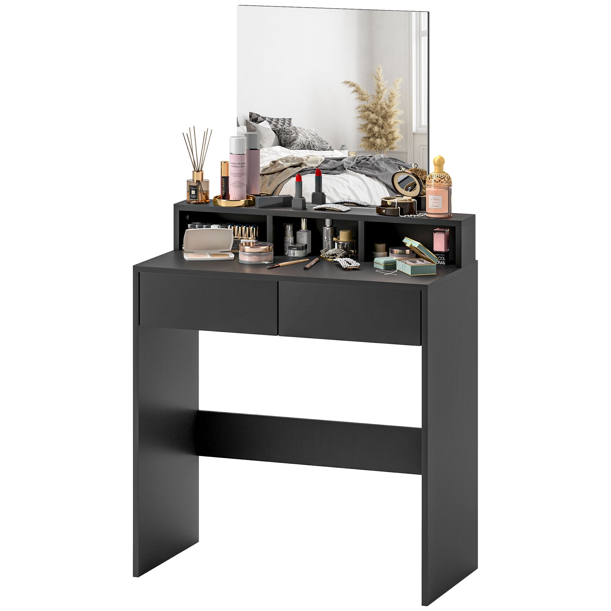 HOMCOM Makeup Vanity Desk with Mirror, for Bedroom, Modern Dressing Table with Drawers, Compartments, Black
