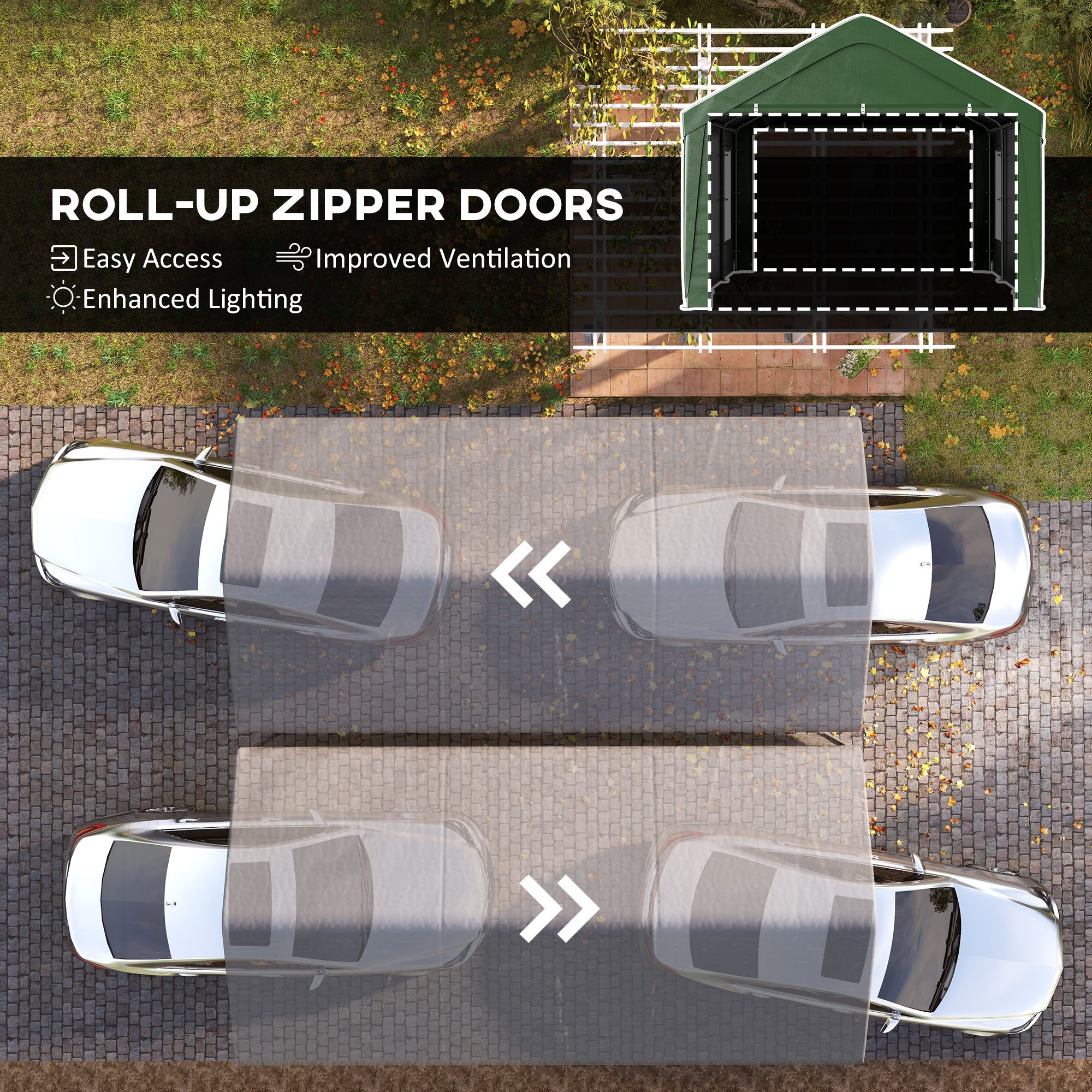 Outsunny 12 x 20ft Carport with 2 Roll-Up Doors, 4 Windows, Portable Garage with Removable Sidewalls for Car, Truck, Dark Green