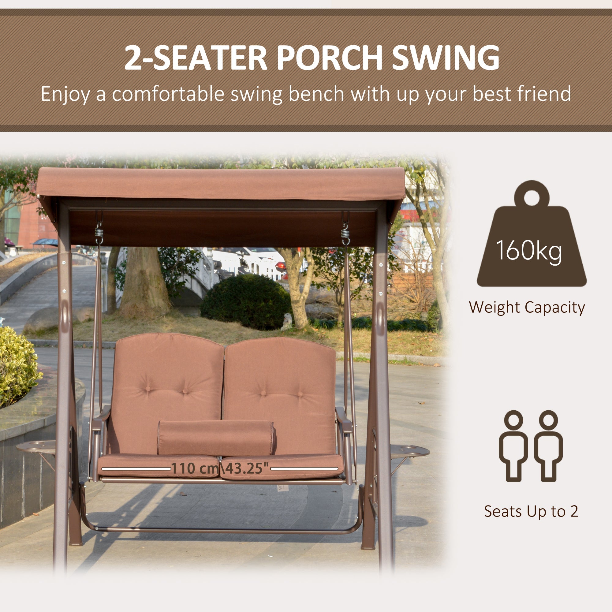 Outsunny Outdoor 2-Person Patio Swing Chair Canopy Adjustable Shade Cushions Pillow Tray Brown