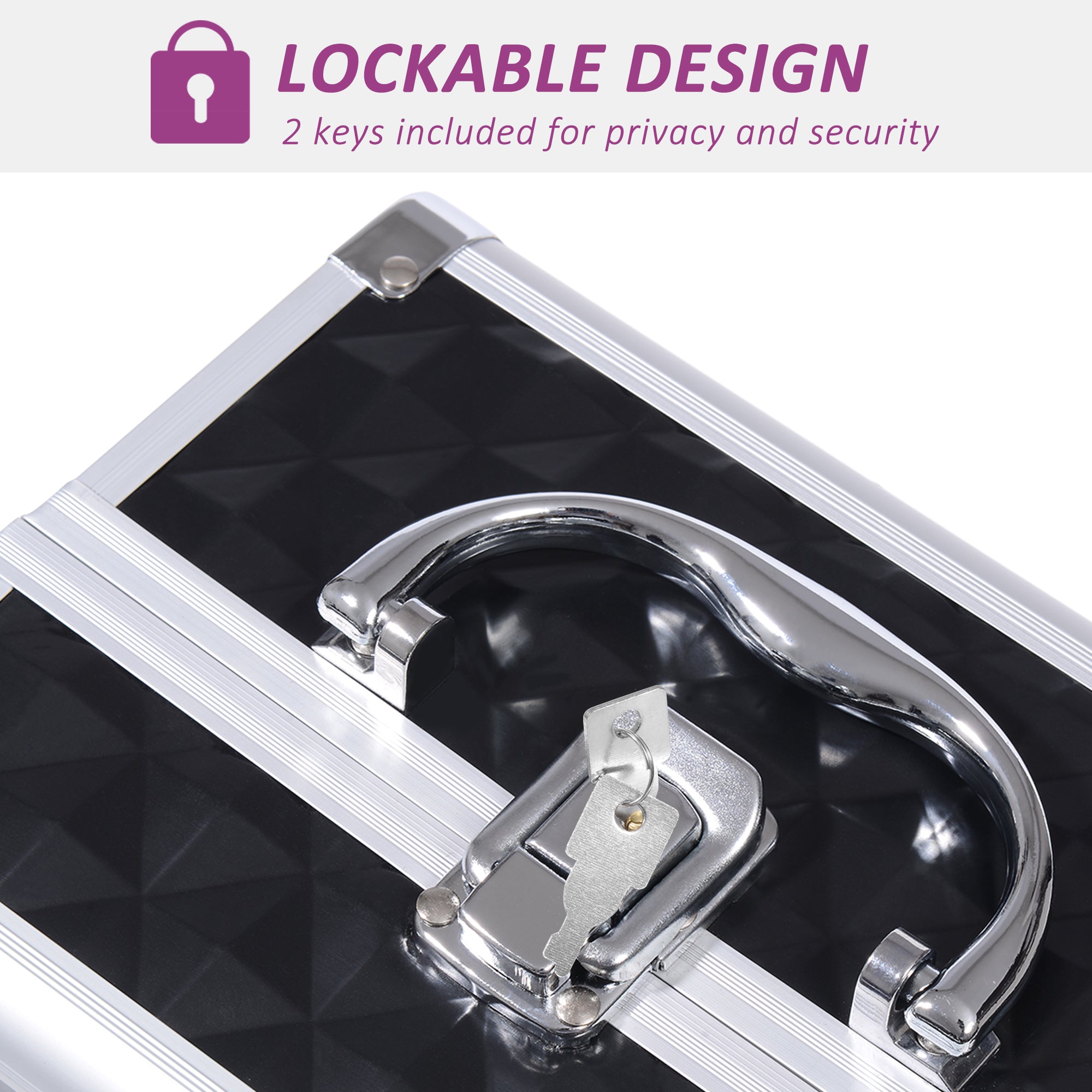 HOMCOM Cosmetic Train Case 3 Tier Diamond Texture Organizer with Mirror Portable Black 8"x6"x6"