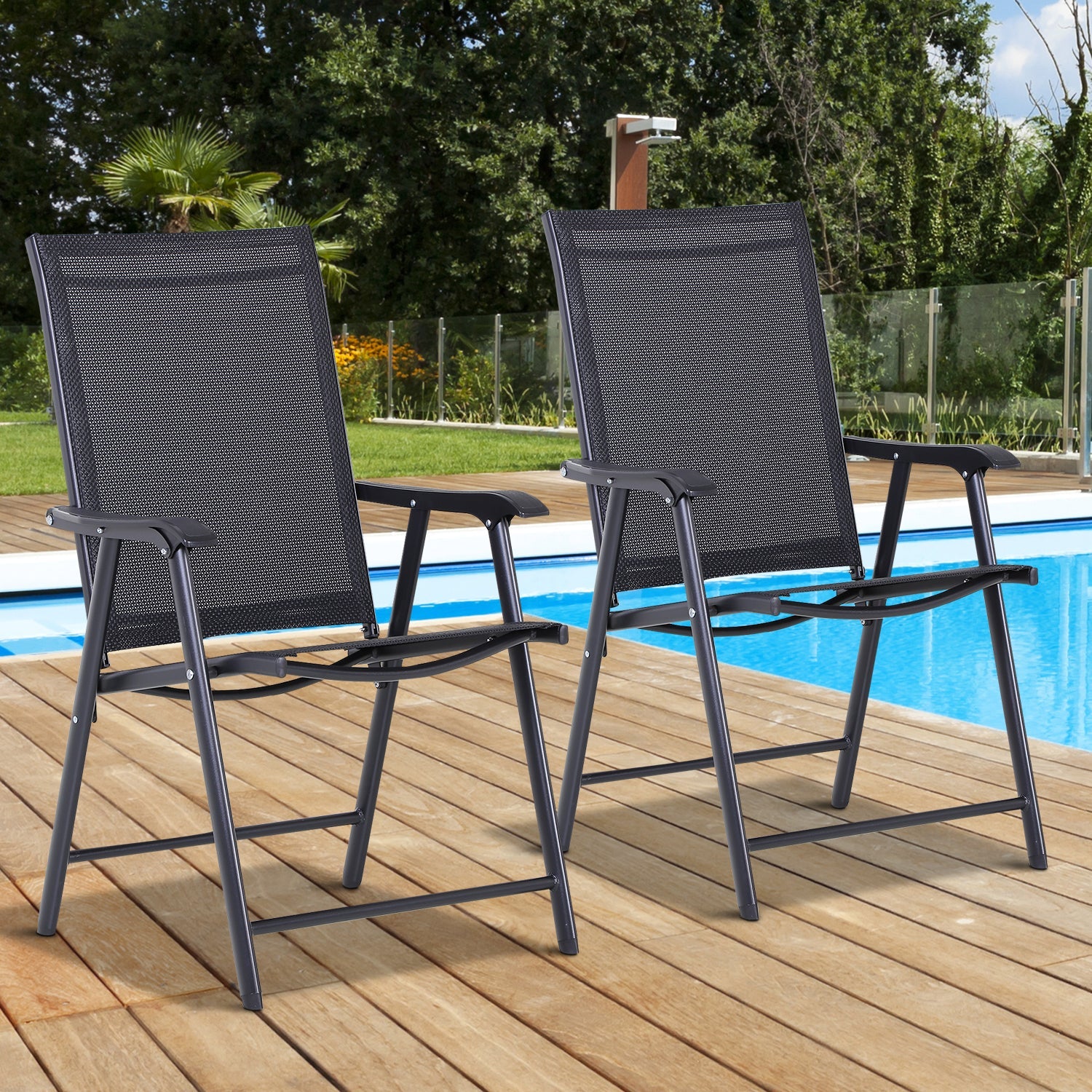 Outsunny Garden Chairs Set of 2 Foldable Texteline Steel Frame Outdoor Patio Seat Black