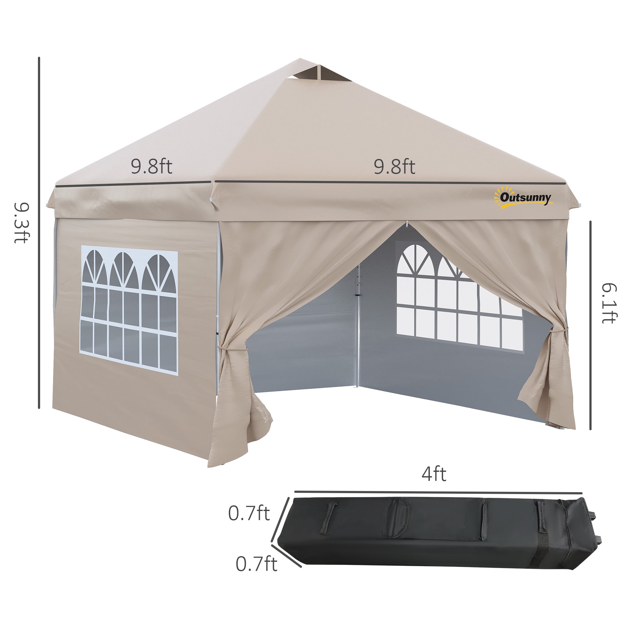 Outsunny 10' x 10' Pop Up Canopy Tent, Instant Shelter Tent with Sidewalls, Windows, Roller Bag and Sand Bags for Garden, Patio, Beige