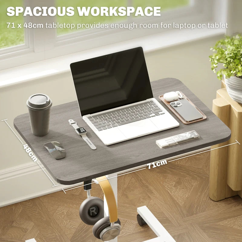 Height Adjustable Standing Desk, Pneumatic Sit Stand Desk with Wheels and Headphone Hook, Grey Wood Grain