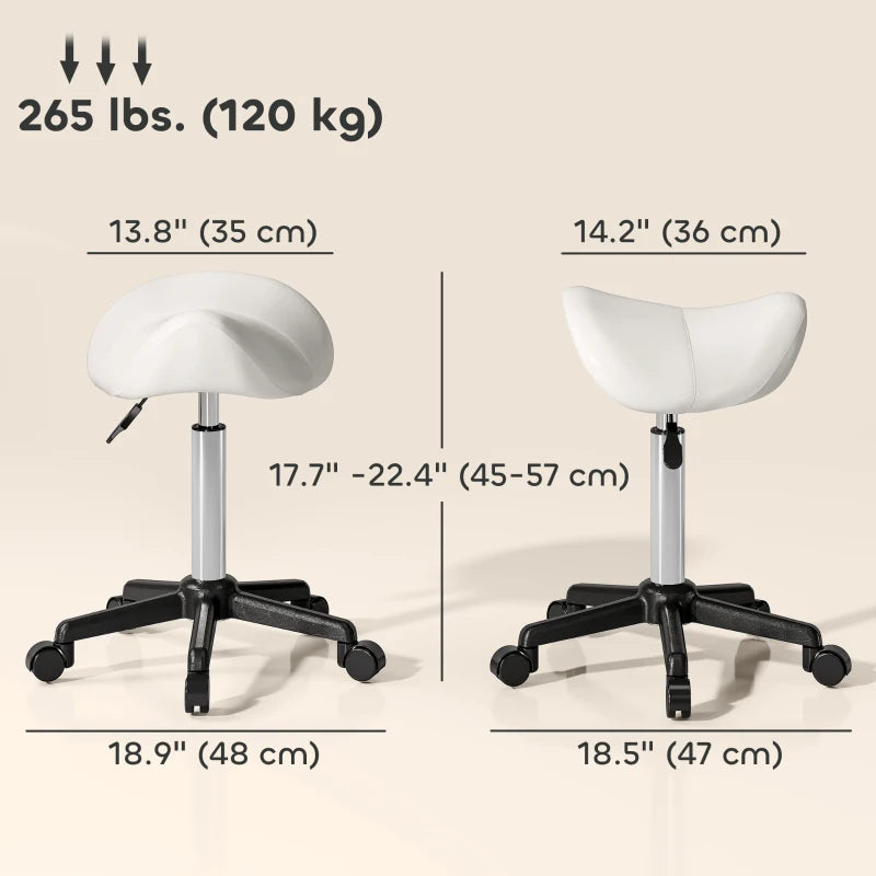 Saddle Stool, Adjustable Rolling Stool, White