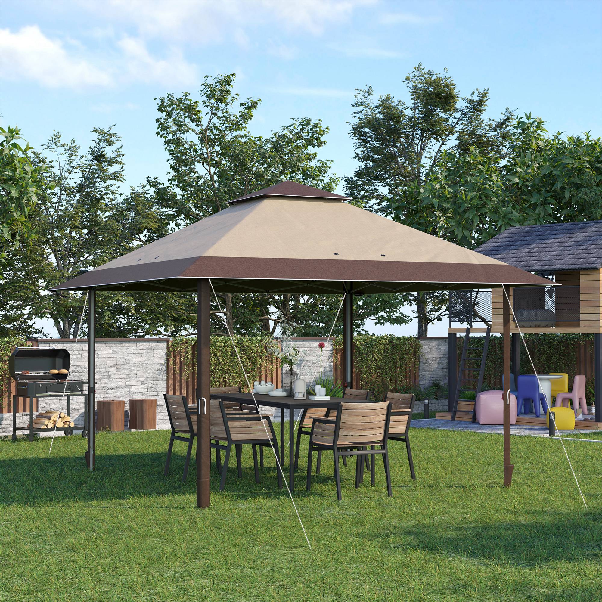Outsunny 13' x 13' Outdoor Pop-Up Party Tent Canopy with Top Vent, 3-Level Adjustable Height, and Roller Bag, Khaki