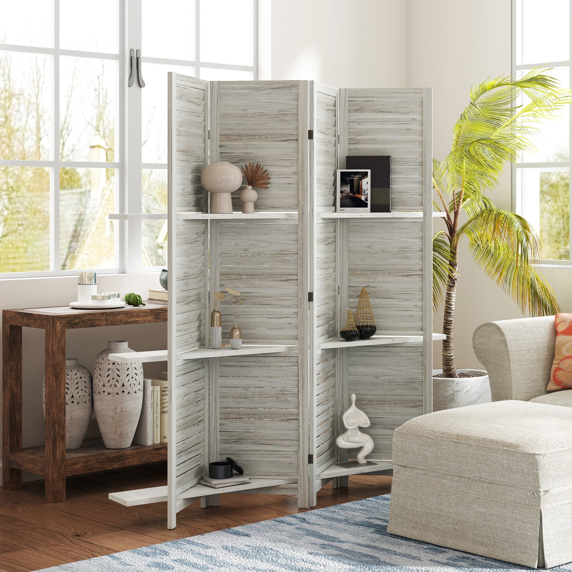 HOMCOM 4-Panel Wall Partition Room Separator with 3 Storage Shelves Foldable Design Wooden Frame 5.6FT Distressed White