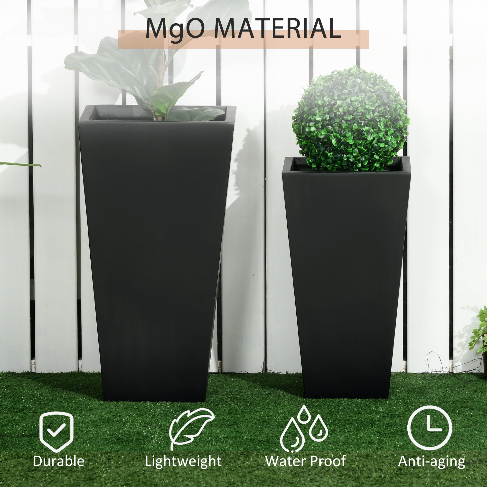 Outsunny Set of 2 Tall Planters with Drainage Holes, 22" / 18" Outdoor Flower Pots for Patio, Yard, Garden, Black