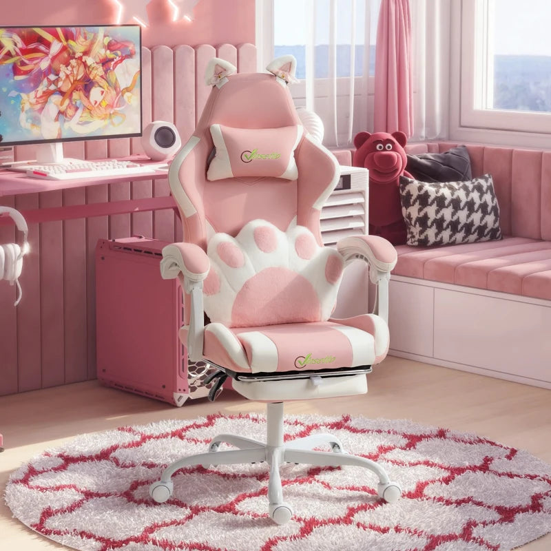 Cute Pink Gaming Chair with Cat Ears, Lumbar Support, Headrest & Footrest