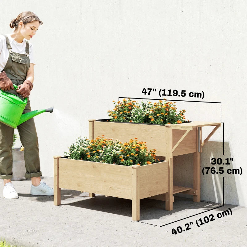 Wooden Raised Garden Bed, 2-Tier Raised Planter with Storage Shelf, Side Board, Drainage Holes and Liner