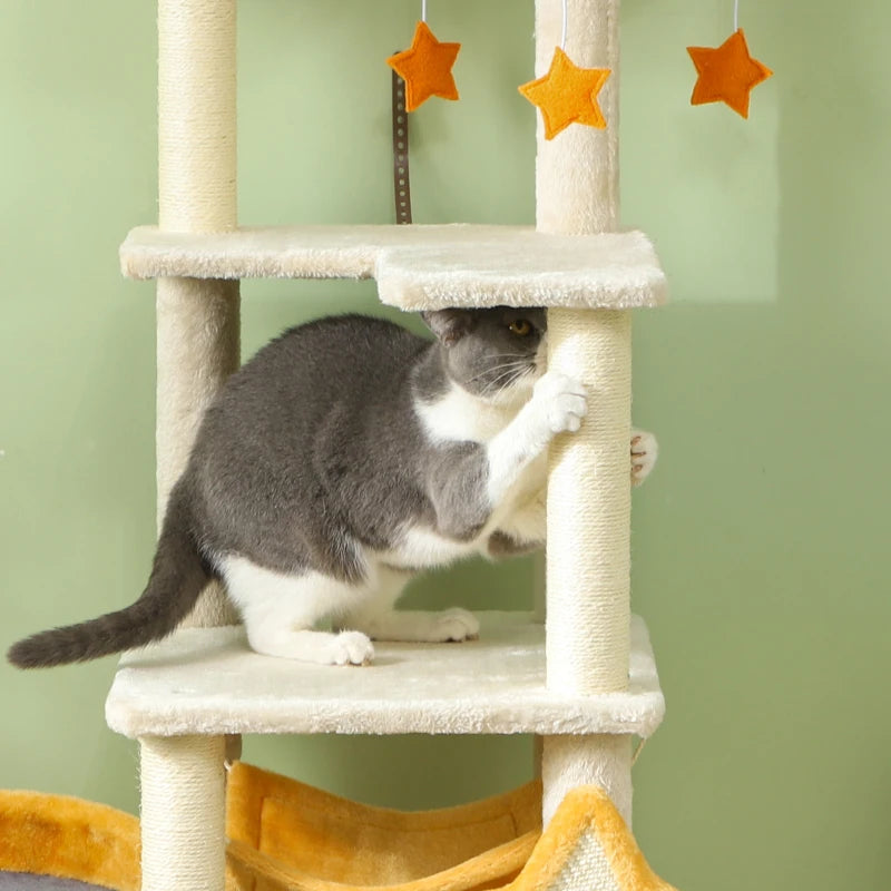 Star and Moon Themed Cat Tree with Cat Scratching Posts, Cat Condo, Bed, Scratching Board, Cat Toys, Beige